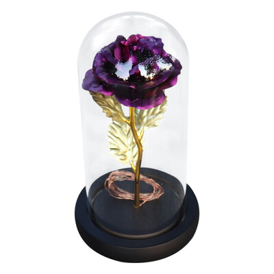 

Artificial Gold Foil Rose Flower&LED Light String In Glass Dome On Wooden Base The Best Gift For Women