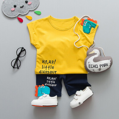 

Summer Baby Boys Cotton Sets Short Sleeve Dinosaur Print Tops Blouse T-shirtsShorts Casual Yellow Orange Outfits 2Pcs