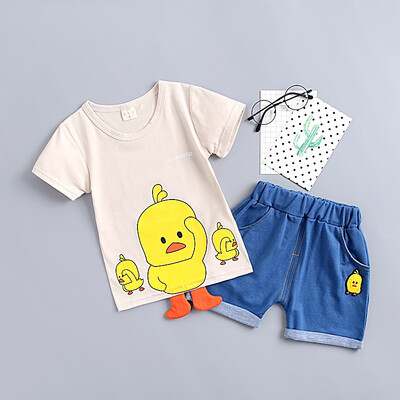 

2PcsSet Summer Children Baby Boys Casual Cotton Short Sleeve Cartoon Duck Print T-shirt TopsDenim Shorts Costume Set