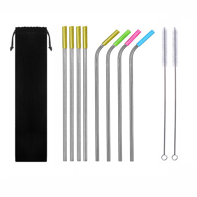 

4pcs Straight4pcs Bent Stainless Steel Drinking Straw with 2pcs Clean Brushes Water Juice Straw