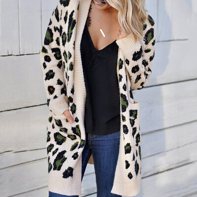

Knit Cardigan Female Leopard Print Fashion Sexy European And American Style Overall Design Elegant Temperament Loose Long Sleeve