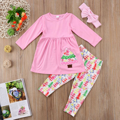 

XMAS Kids Baby Girls Outfits Clothes T-shirt Tops DressLong PantsHeadband Set