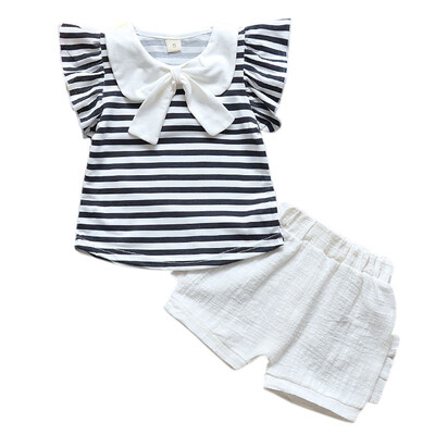 

Summer Baby Girls Casual Flare Sleeve Stripe Print Bow T-shirt TopsShorts Suits Costume Set
