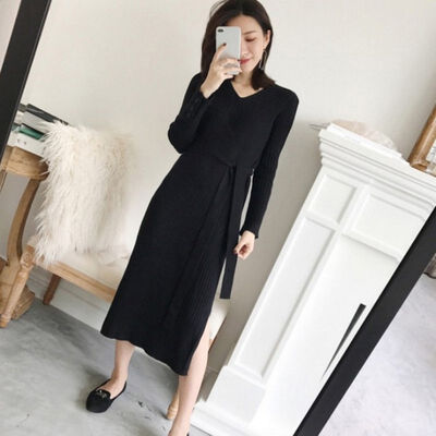 

Women Autumn Knit Dress Sashes Slim Waist Long Sleeve V-neck Bottom Vestidos Lady Slim Stretch Knitwear Dresses