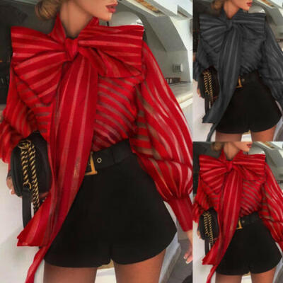 

Womens Casual T-Shirt Mesh Long Lantern Sleeve Striped Tops Formal Blouse Shirts