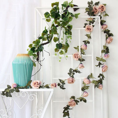 

2M Artificial Rose Flower Fake Hanging Decorative Roses Vine Plants Upstairs Artificials Flowers Wedding Wall Decoration