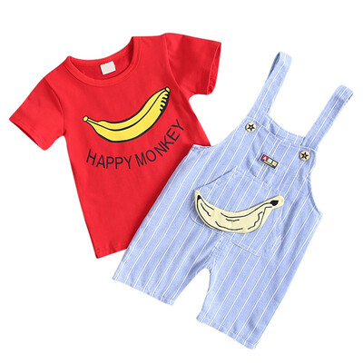 

Kids Girls Short Sleeve T-shirt Summer with Banana Print Stripe Strap Pants 2 Pcs Outfits Set Cotton Casual Cute Sets
