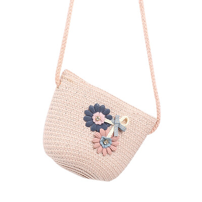 

Children Flower Zipper Cross-body Handbag Fashion Girls Kids Straw Shoulder Messenger Bag