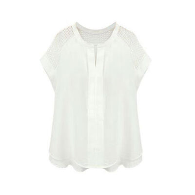 

Summer Thin OL V-neck Womens Shirt Hollow Out Patchwork Short Sleeve Blouse Tops Female White Tees Shirts Black Plus Size