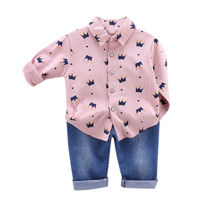 

Autumn Children kids 2pcs CLothes Set Baby Boys Casual Long Sleeve Crown Print Blouse TopsDenim Pants Trouser Costume Set
