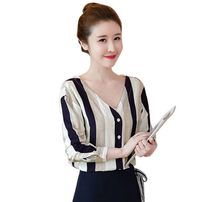 

2019 Women V-neck Striped Loose Blouse And Tops Vintage Long Sleeve Chiffon Bottoming Casual Tops Women Spring Autumn