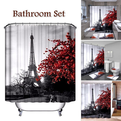 

Retro Landscape Bathroom Set Waterproof Bath Shower Curtain 3-Pieces Toilet Cover Mat Non-Slip Rug Set