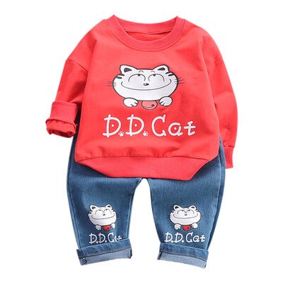 

New Autumn Children Boys Set Baby Clothing Long Sleeve Cartoon Cat Print T-Shirt TopsDenim Pants Trouser Clothes Set 6-48M
