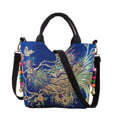 

Women Ethnic Embroidered Peacock Sequins Beaded Tote Crossbody Sling Canvas Bag
