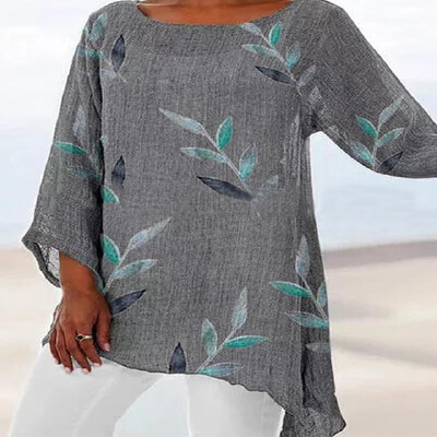 

Leaf Printed Trim Long Sleeve Round Neck Top