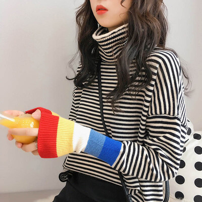 

High collar loose campus wind knit slim sweater striped casual sweater winter top