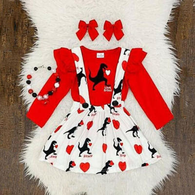 

UK Valentines Day Baby Girls Ruffle Tops T-ShirtsStrap Skirt Dress Clothes Set