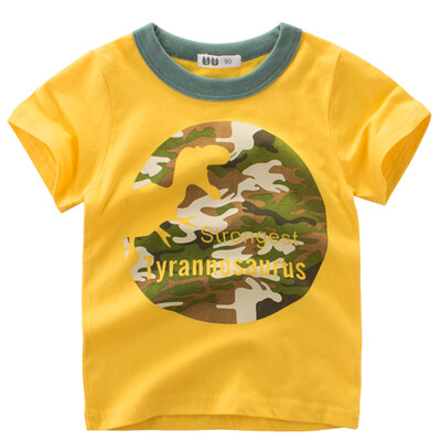 

Boy Short Sleeve Cotton T-Shirt Round Neck Tops Summer Kids Clothes Cartoon Dinosaur Camouflage Printing Shirt Tee Yellow 140