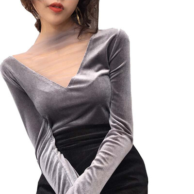 

Women Sexy V Neck T Shirt Mesh Stitching Long Sleeve T-Shirt Korean Style Solid Top
