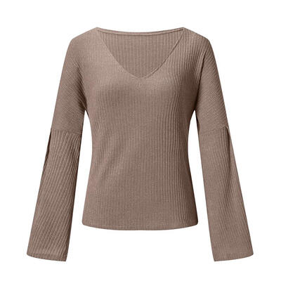 

Women Trumpet Sleeve Solid Sexy V-Neck Striped Fashion Loose Autumn Sweater