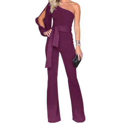 

Fashion Sexy Belt Womens jumpsuit One-shoulder Sleeves Bandage Jumpsuit Trousers Nice Elegant Long Pants