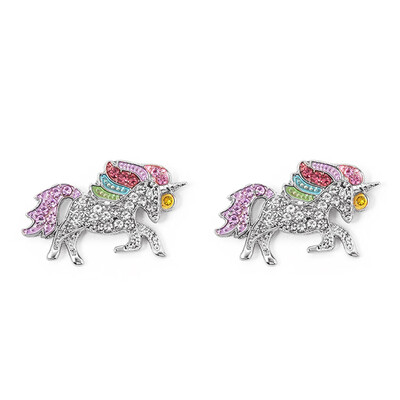 

Silver Plated Glitter Rhinestone Unicorn Ear Studs Rainbow Color Crystal Earrings For Women Kids Lucky Jewelry