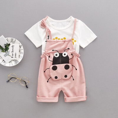 

Summer Children Kids Boys Girls Unisex Clothing Set Cartoon Printed Short-sleeved Round Collar Casual T-shirtBib Pants