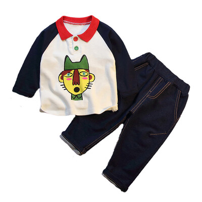 

Autumn Baby Boys clothes Long Sleeve Cartoon Print T-shirt TopsDenim Pants Trouser Costume Set casual