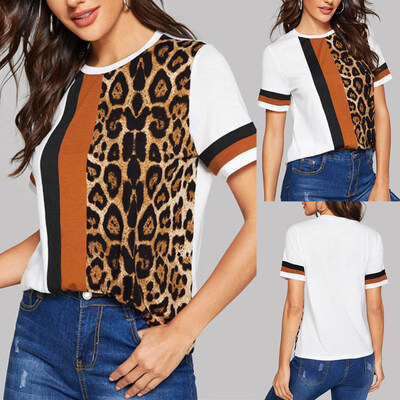 

Casual Summer Women Leopard Color Block Round Neck Short Sleeve T-Shirt Top