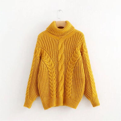 

Women High Street Turtleneck Sweaters Knitwear Autumn Winter Pullover Solid Color Yellow Sweater Femme Jumper
