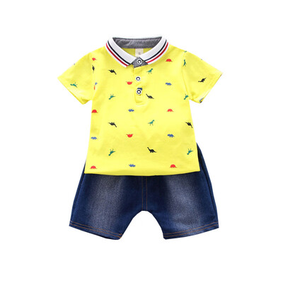 

2PcsSet Summer Children Baby Boys Casual Short Sleeve Dinosaur Print T-shirt TopsDenim Shorts Costume Set