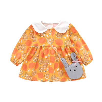 

Autumn Casual Baby Girls Long Sleeve Floral Print Dress Kids Sundress With Cute Rabbit Bags