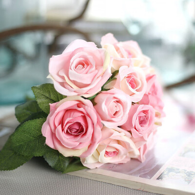 

Gobestart 9 Heads Artificial Silk Fake Flowers Leaf Rose Wedding Floral Decor Bouquet