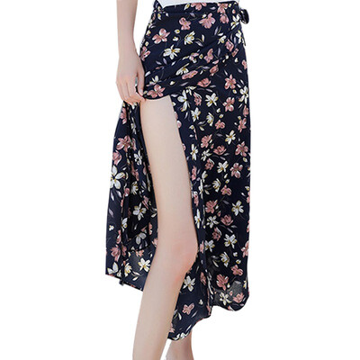 

Summer Chic Floral One-piece Chiffon Long Beach Skirt Women Floral Printed Side Slit Lace Up Skirt High Waist Casual jupe femme