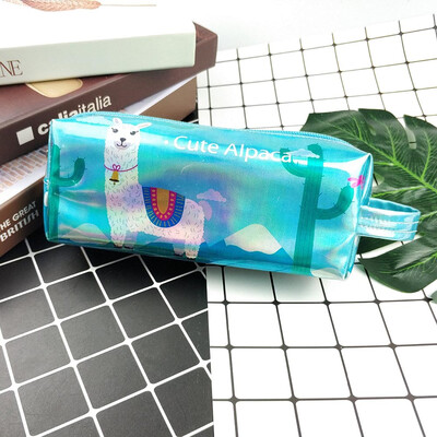 

Alpaca Cactus Pencil Case Holographic Laser Pen Bag Student Portable Large Capacity Bag Waterproof Handle Bag Casual