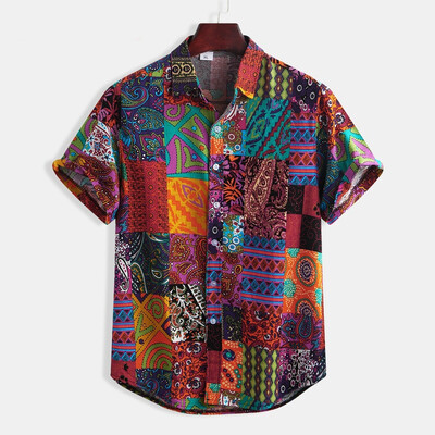 

Mens Summer T-Shirt Retro Printed Casual Short Sleeve Lapel Button Down Shirts