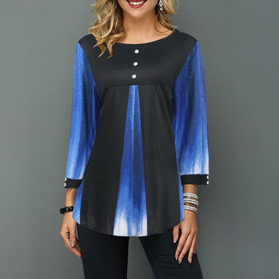 

Women Blouse Splice Color Block Round Neck Long Sleeve Loose Button Asymmetry Hem T-shirt Tee Tops