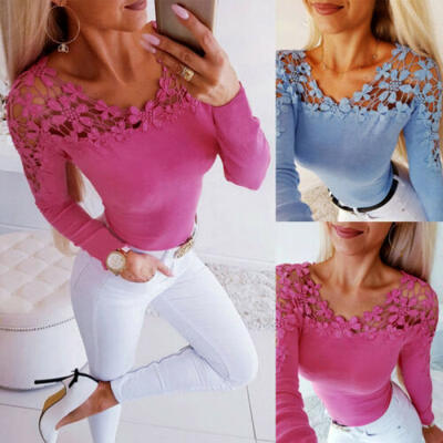 

Women Ladies Long Sleeve Shirt Hollow out Flowers Lace Chiffon Blouse Tee Tops