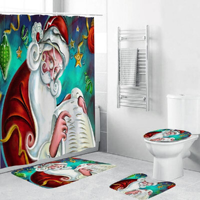

4 Piece Christmas Theme Bathroom Decoration Non Slip Rug Toliet Cover Bath Mat Shower Curtain