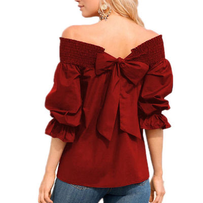 

New 2018 Sexy Off Shoulder Summer Strapless Women Blouse Half Sleeve Bowknot Tops Slash Neck Shirts Casual Loose Blusas -XL