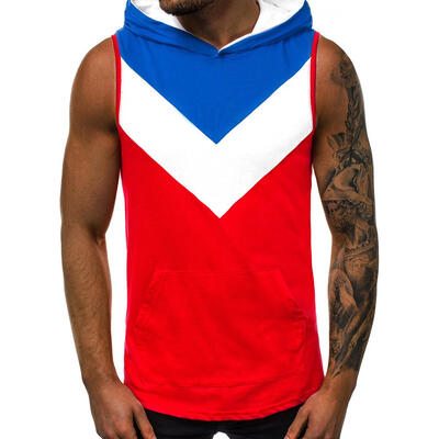 

European Summer Fitness Vest Men Sleeveless Splicing Color Hooded Tops