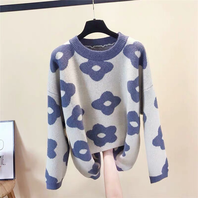 

Women Korean Style Floral Pattern Knitted Pullover Sweater Kawaii Gril Autumn Warm Clothes Knitwear Jumpers