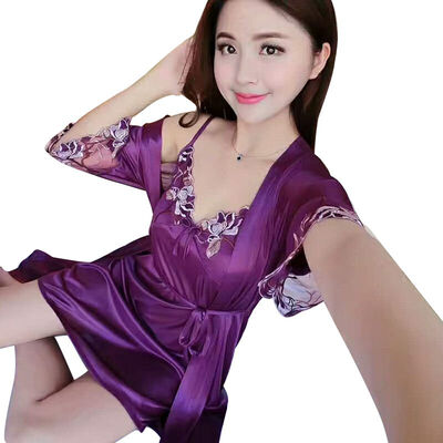 

Women Sexy Soild Color Thin  Satin Luxurious Lightweight Long Sleeve With Belt Lace Sexy Home Night Dress Set