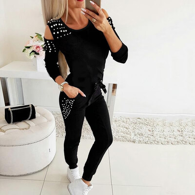 

Women T-shirt Pants Set Beaded Pearls Hollow Out Shoulder Sweatshirt Sweatpants Spring Sporty Casual Shirts Trousers 2PCS