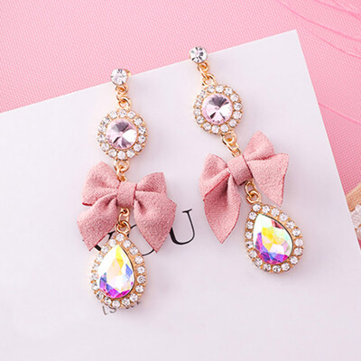 

2019 Korean Sweet Pink Bow Drop Earring Bling Crystal Long Earring brincos pendientes Wholesale Jewelry