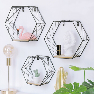 

Nordic Iron Hexagonal Grid Wall Floating Shelf Wall Hanging Geometric Figure Home Decoration Accessories For Living Room Bedroom