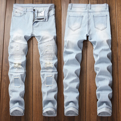 

Gobestart Mens New Fashion Personality Embroidered Hole Zipper Stretch Denim Trousers