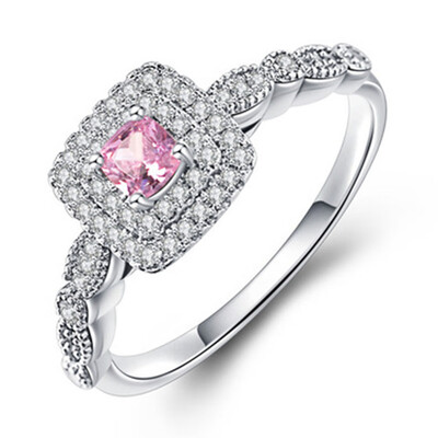 

14k White&Rose Gold Cushion Cut Moissanite&Round Cut Diamond&Pink Sapphire Engagement Ring