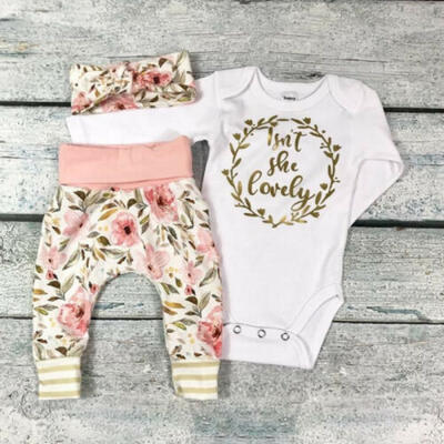 

US Canis Newborn Baby Girls Romper Flower Pants Headband Outfit Clothes 3PCS Set