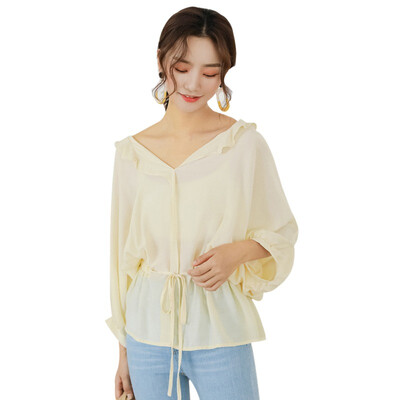 

Sexy V-Neck Women Blouse Retro Solid Color Blouse lady Long Sleeve Fashion Lace-up Waist Shirt 2 Colors Wild Tops